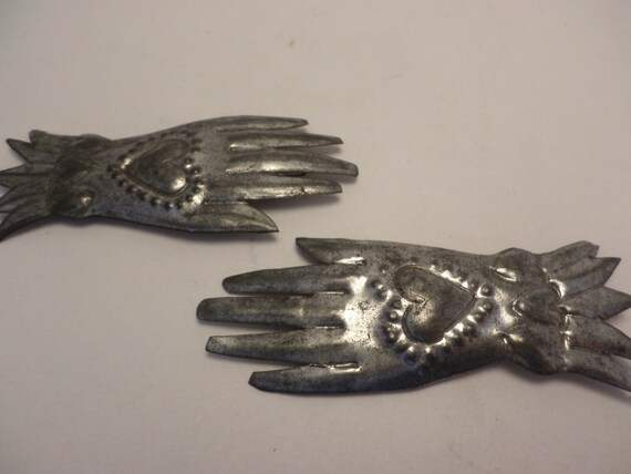 Vintage Folk Art aluminum hands hearts pins milagro like Deco ethnic hand made