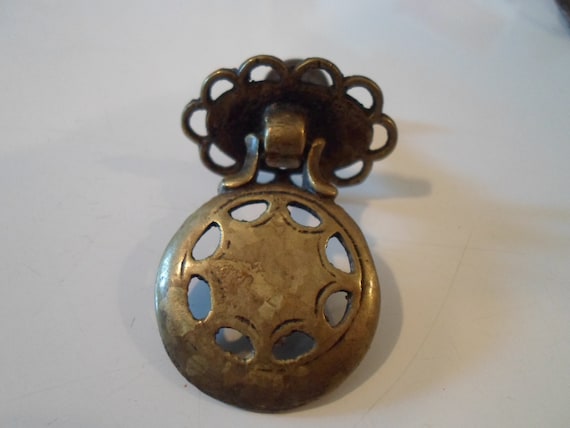 Vintage Antique Solid Brass Dropped Pierced Drawer Pull Art Deco Era