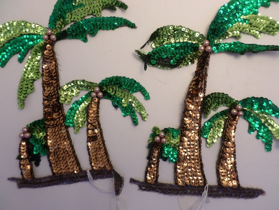 Vintage 80's 6" x8" palm tree applique' sewn on with sequins lovely tropical tiki 2 Pc