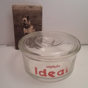 Ideal Dog Food Vintage Advertising Wilson Co Ideal Glass Canister with Lid Dog Puppy Dog Lover WWII ERA inside rim chip Fur Baby