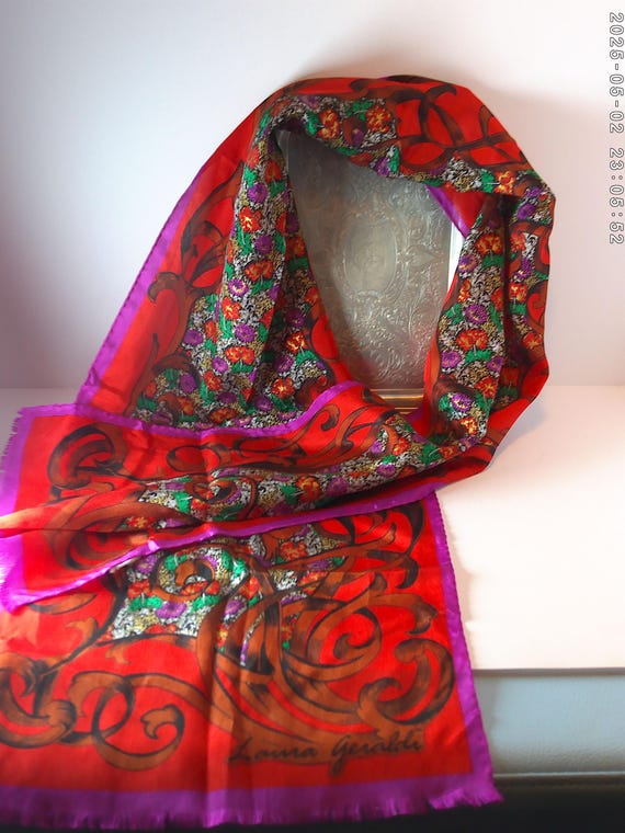 Vintage 90's Laura Giraldi All silk scarf ruby red vibrant violet and gold green gray tones