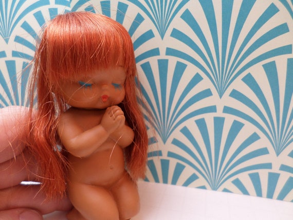 Rare vintage 60's rubber baby angel Christmas ornament red hair blue eyelashes sun bunny Kamar Japan