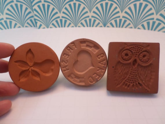 3 vintage shortbread/biscuit stamps Rycraft, owl, pear, fresh baked heart