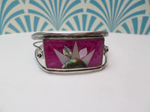 vintage 50's alpaca Mexico child cuff bracelet purple abalone mother of pearl