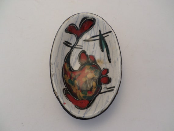 Vintage Mid-Century ceramic tray leather bottom fish 50's trinkets rings