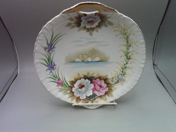 Vintage Swan Lake Floral One Handle Leaf Bowl Fantastic Scene Candy Tidbits or Decorative