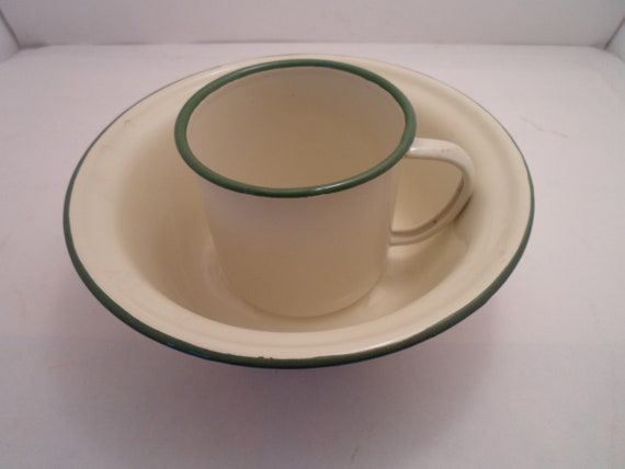 Vintage Butterfly Brand 1960's Enamel Serving Bowl and Cup Breakfast Bowl Soup Bowl Mug Farmhouse Chic City Cool Farm to Table
