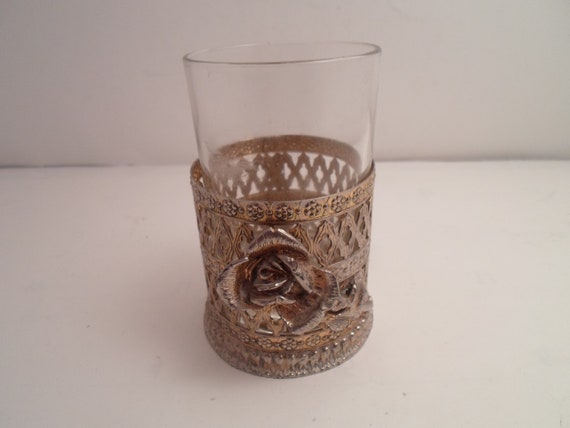 Vintage Gold Filigree Metal Holder and Glass for Bathroom Shabby Chic Roses Fretwork Grillwork Decorator Cottage chic