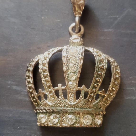 Vintage Large Crown Pendant with Tiny Crosses Rhinestones Christian Cross & Crown Spiritual