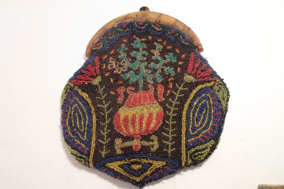 Antique Made in France Scenic Art Deco Hand Beaded Purse Tortoise Frame Glass Georgian Beads Needs Chain Vase Flowers Trees signed France