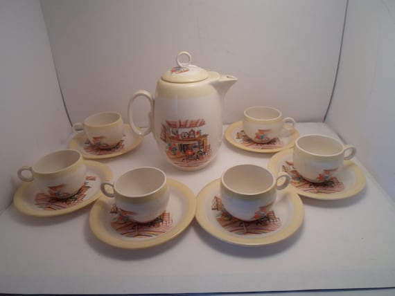 Vintage Homer Laughlin Colonial Kitchen Coffee Tea Pot and 6 Demitasse Cups with Saucers Adorable Rare Perfect
