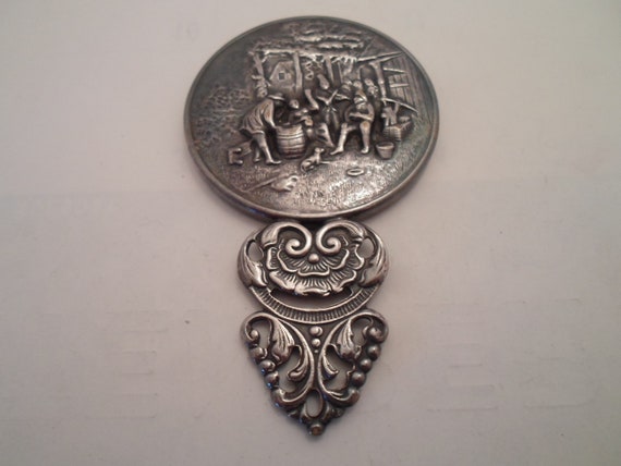 Vintage Scenic Silver Purse Hand Beveled Mirror Relief Mold Scene with Dog Men working Barns Barrels Detailed Scene