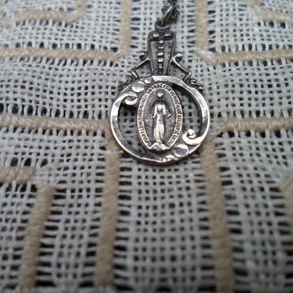 Vintage Immaculate Conception of Mary Sterling Silver Medal and Chain Open Work Delicate Art Deco 1930's Rare Pendulum Design