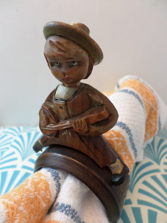 Vintage 40's folk art carved wood bobble head Austrian boy napkin ring