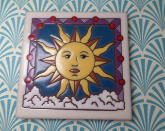 Vintage 90&#39;s Ceramic Tile Trivet Made in the USA sunshine, celestial face