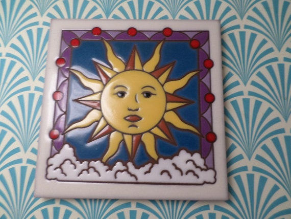 Vintage 90's Ceramic Tile Trivet Made in the USA sunshine, celestial face