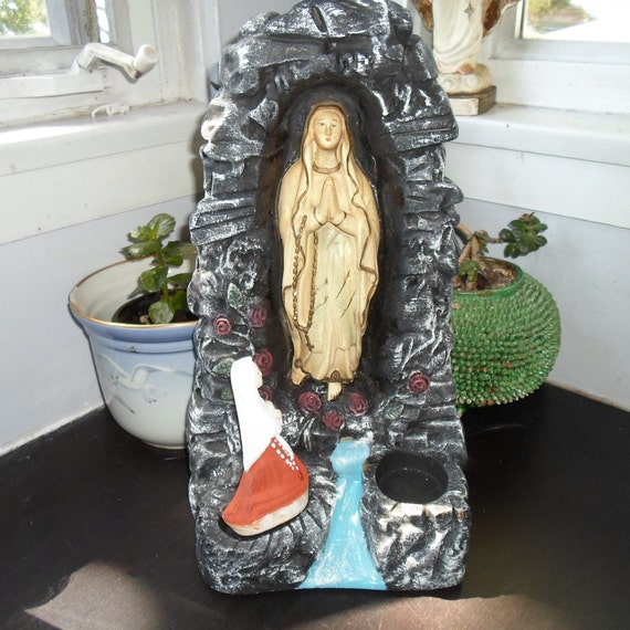 Vintage Grotto Shrine Mary Madonna Blessed Mother Antique Chalkware Lourdes Bernadette Signed Penna Statuary
