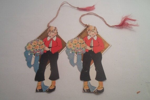 Art Deco 2 Vintage Original Tally Cards Orphan Annie Design Character Stylized Clothes Courting Boquet Use Repurpose