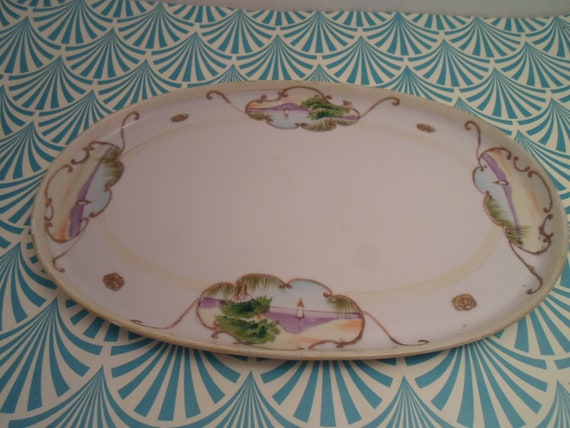 Vintage Hand Painted Moriage Vanity Tray Meito China Japan Fantastic Scenic Lighthouse Antique