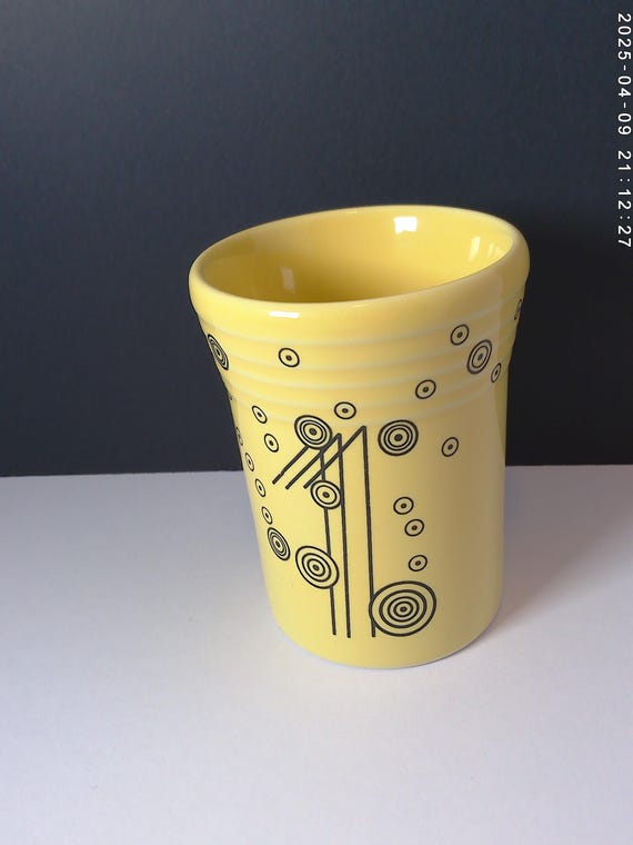 Vintage 90's Lead Free Fiesta no handle mug, cup pale yellow with black art deco design