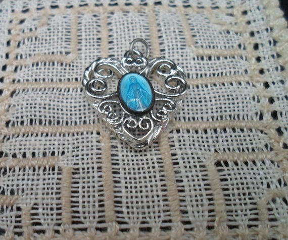Vintage Blue Enamel Silver tone Miraculous Medal: Scrolled Heart Pendant, 1960s