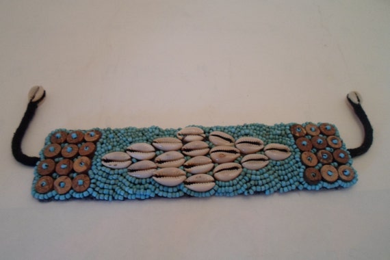 Vintage 1970's Turquoise Bead Shell and Wood Bracelet Hippie BoHo Cool Hand Made