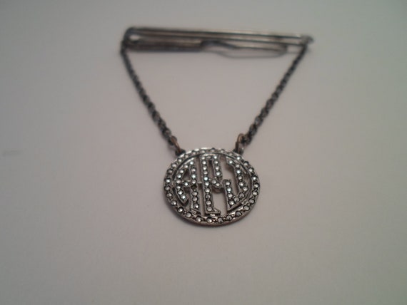 Original Stunning Art Deco Marcasite Sterling Silver Tie Bar. Marked CMW Sterling on circle & sterling bar as is