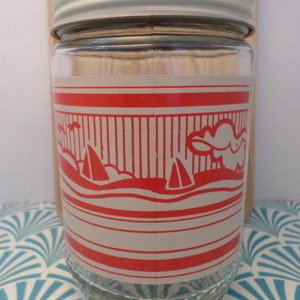 Vintage Anchor Hocking 70&#39;s Peanut Butter Jar canister red white BEACH sailboats
