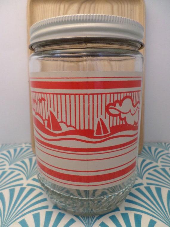 Vintage Anchor Hocking 70's Peanut Butter Jar canister red white BEACH sailboats