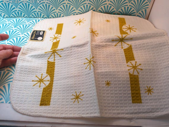 Vintage 50's new old stock Morgan Jones dish rag, atomic starbursts golden tan, white waffle cloth Made in USA Good Housekeeping