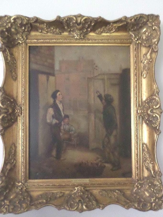 Antique Oil on board painting John Charlton R.A. Gamblers in lowlife framed