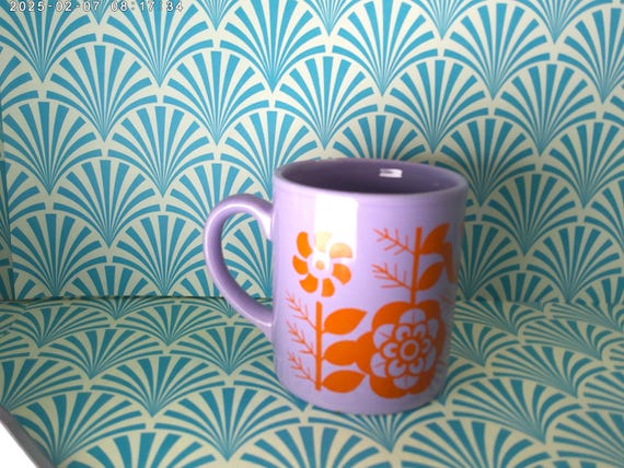 Vintage Stoneware mug Grindley England Lilac and coral Mod flowers factory flaws unique rare