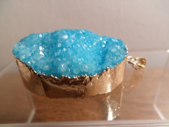 Druz Druzy Drus Drusy turquoise quartz wrapped in 18kt gold dipped bezel pendant organic