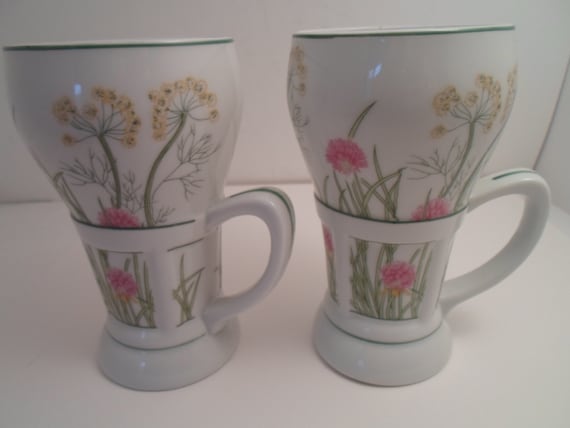 Vintage Set of 2 Tall Coffee/Latte /Ice Cream Soda Shafford Herbs and Spices Pattern Country 80's