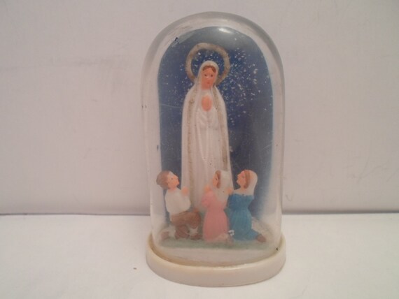 Vintage 1970's Our Lady of Fatima in Dome Blessed Mary with 3 Fatima Children Miracle Catholic Icon Statue