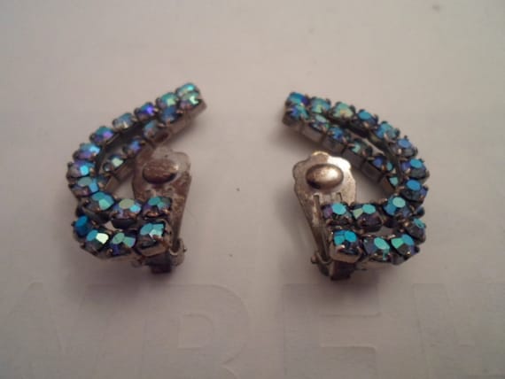 Vintage Art Deco Blue Opal Rhinestone Climbing Clip Earrings Glam Glitz Wedding Adorable