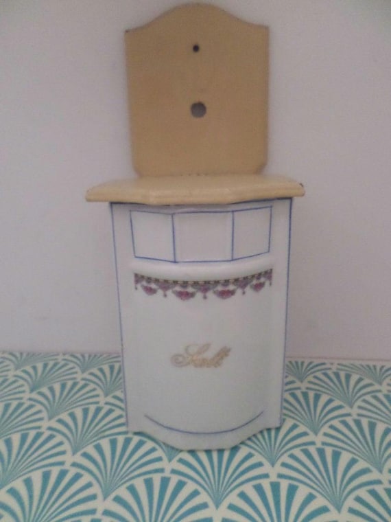 Vintage salt keeper for the wall 1930's Germany porcelain cornflower blue gold leaf
