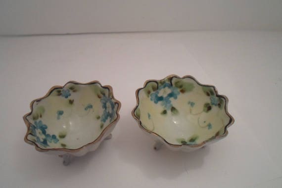 Antique Hand Painted Nippon Footed Salt Dips Re purpose Sushi Chip Salsa Ring Tray Cottage Chic Blue Flowers Foilage