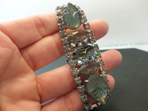 Wow gray colors vintage rhinestones and carved flower stones bracelet cocktail hour chic 50's