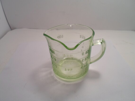 Antique Depression Uranium Green Glass Measuring Cup 3 SPOUT Farm House or Cottage Chic Glow Green Glass