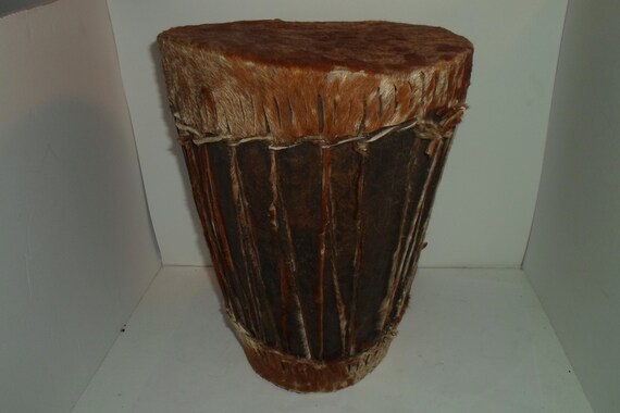 Vintage Tribal Animal Skin Wood Hand Drum Hand Made Tall 13.50"tall x 10" wide Decorator Chic Native Tiki Cool