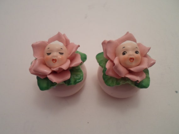 Vintage Anne Geddes Style Baby Face in Pink Flower Anthropomorphic Salt and Pepper Shakers Adorable Mini Wide Eyes and Sleeping Babies
