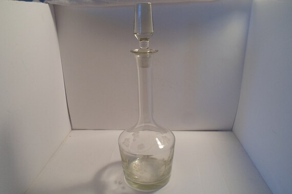 Antique Stunning Long Neck Sherry or Port Wine Decanter Acid Etched Cherry Blossoms Ground Stopper Paperweight bottom