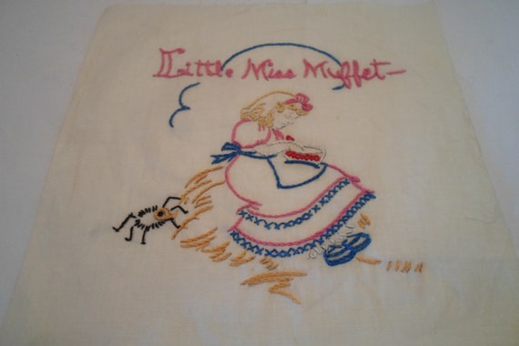 Antique Vintage 1940's Cotton Embroidered Quilt Square 9" x 9" Nursery Rhyme Little Miss Muffet Frame or Quilt Cottage Ready