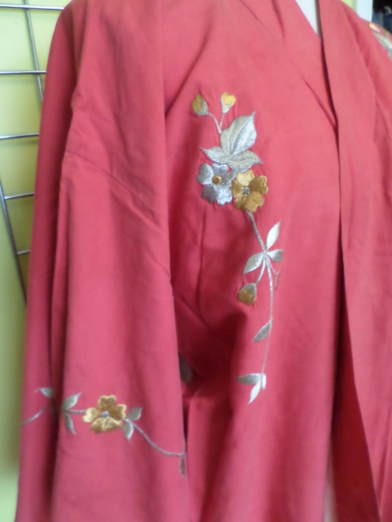 Vintage silk coral gold & silver kimono Japanese 50's