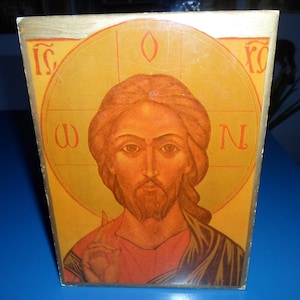 Vintage Jesus Christ Icon Greek Orthodox Hand Made on Wood