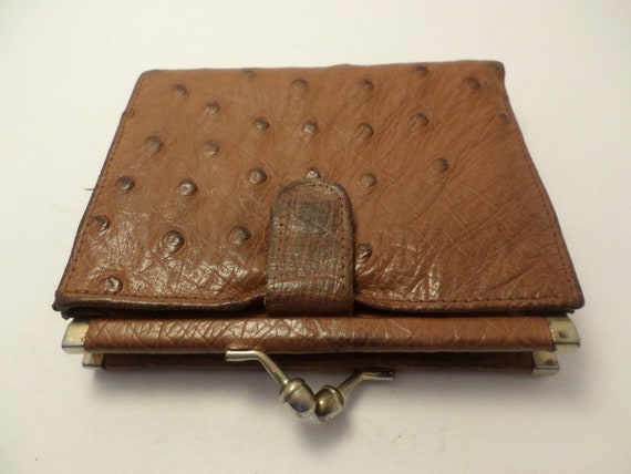 Genuine vintage Ostrich tan leather wallet kisslock embossed name inside