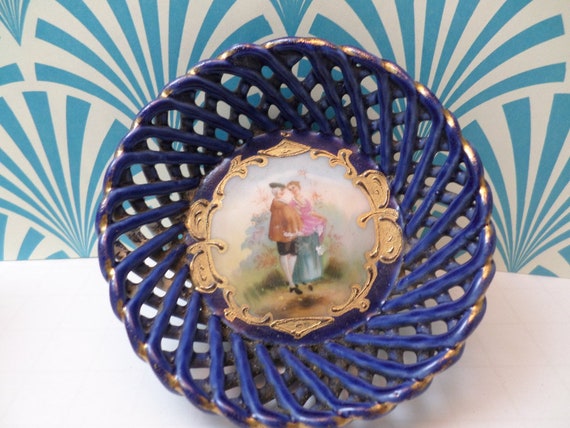 darling little weaved basket tray gold leaf painted French couple  Frankfort