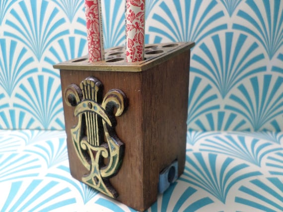 Vintage 1950's music stand pencil holder and sharpener Lyre brass and wood design