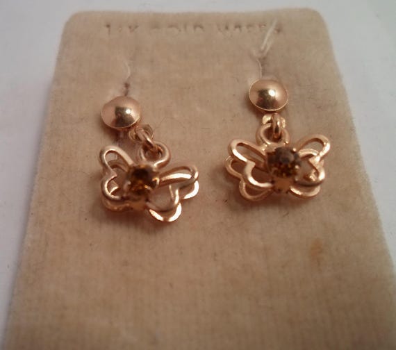 Vintage 1970's Butterflies 14k Gold washed pierced earrings Topaz Stone Germany